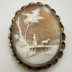 Antique Victorian gold filled woman with dog bridge carved shell cameo brooch